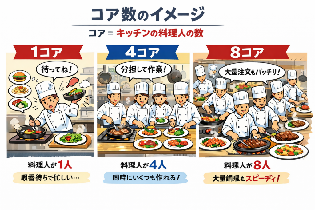 コア数を料理人に例えた場合の図解